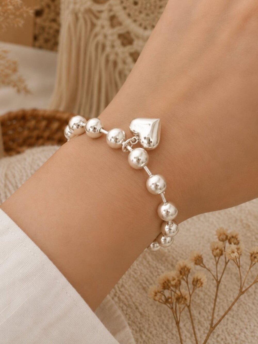 925 Sterling Silver Chunky Silver Heart Beaded Bracelet Statement Bead Bracelet